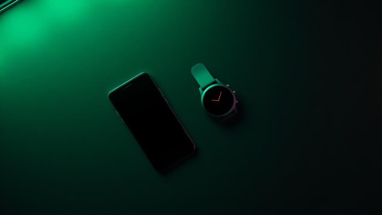 Modern foldable smartphone and smartwatch on dark surface with mint ambient lighting