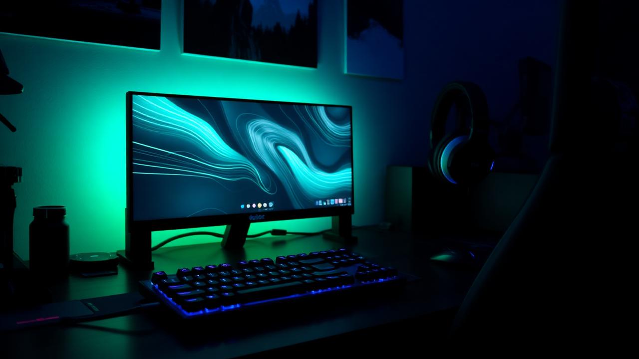 Dark gaming setup with mint and cyan RGB lighting representing cloud gaming