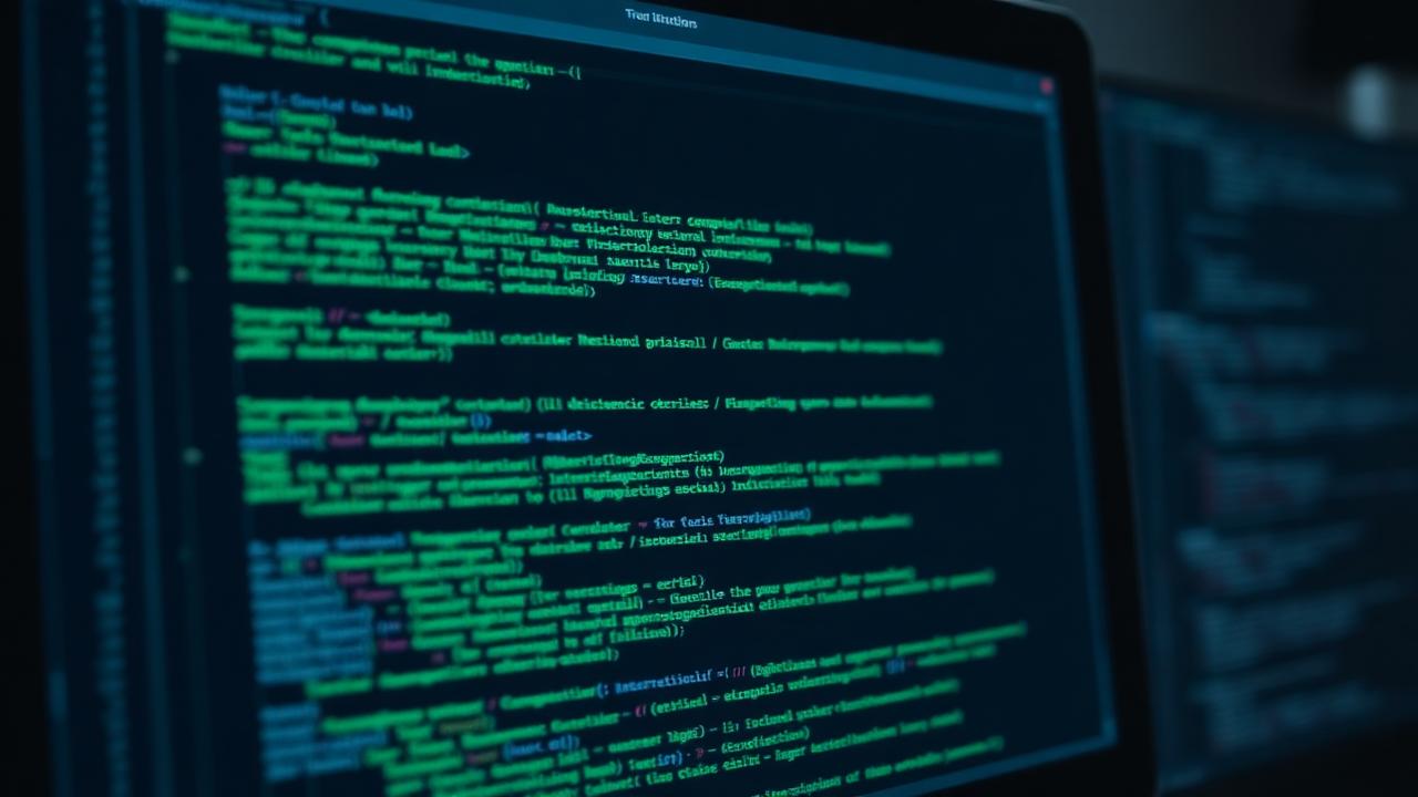 Mint and cyan code on a dark IDE screen representing modern developer tooling