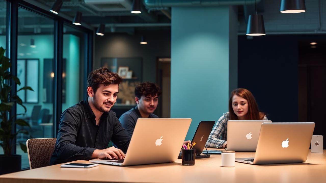 Startup team building AI agent platform with mint-lit office workstations